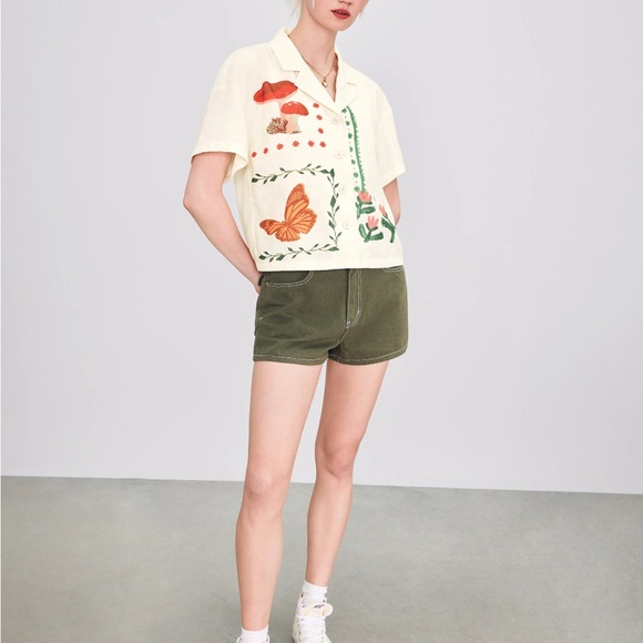 Collar Floral & Mushroom Short Sleeve Shirt (M) - Picture 5 of 7